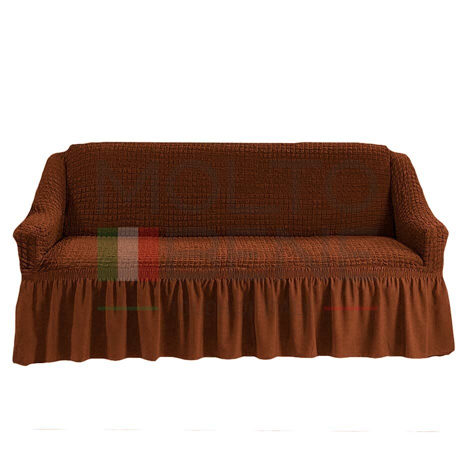 Универсальный европейский чехол на диван трехместный с оборкой терракотовый