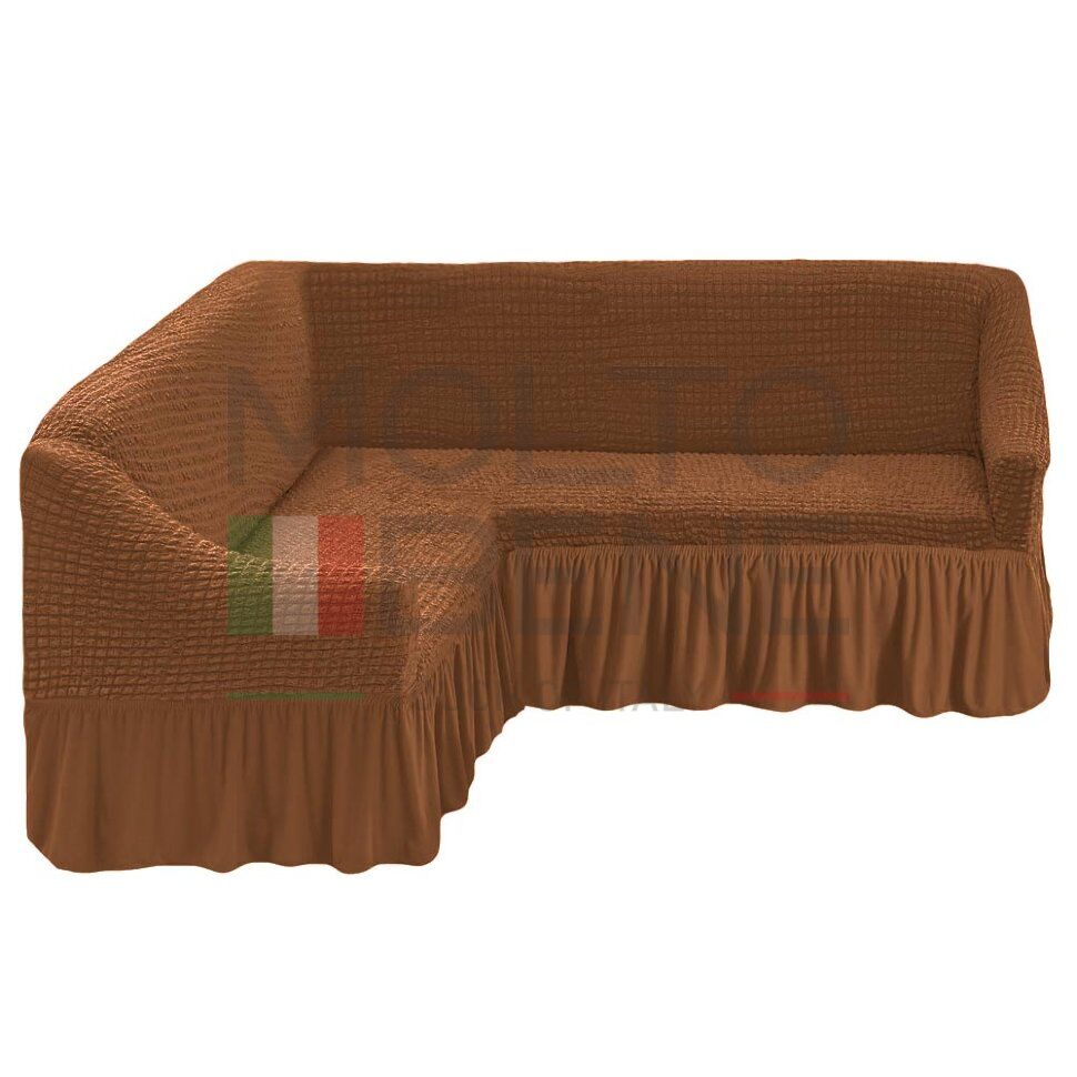 Универсальный европейский чехол на угловой диван с оборкой коричневый