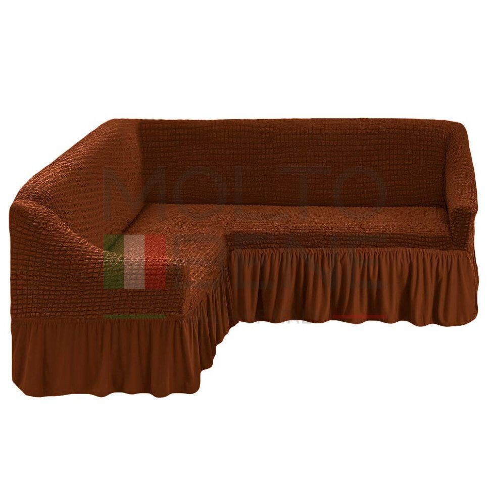 Универсальный европейский чехол на угловой диван с оборкой темно-рыжий