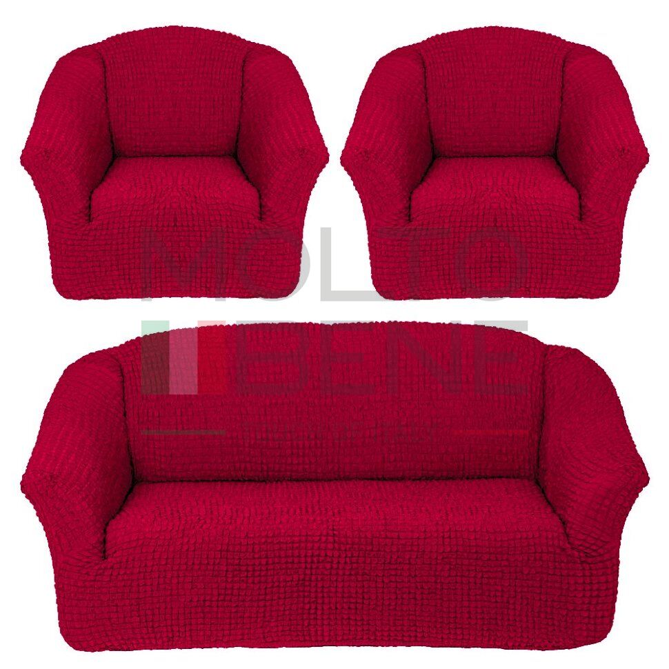 Универсальный европейский чехол на диван трехместный без оборки+2 кресла бордовый